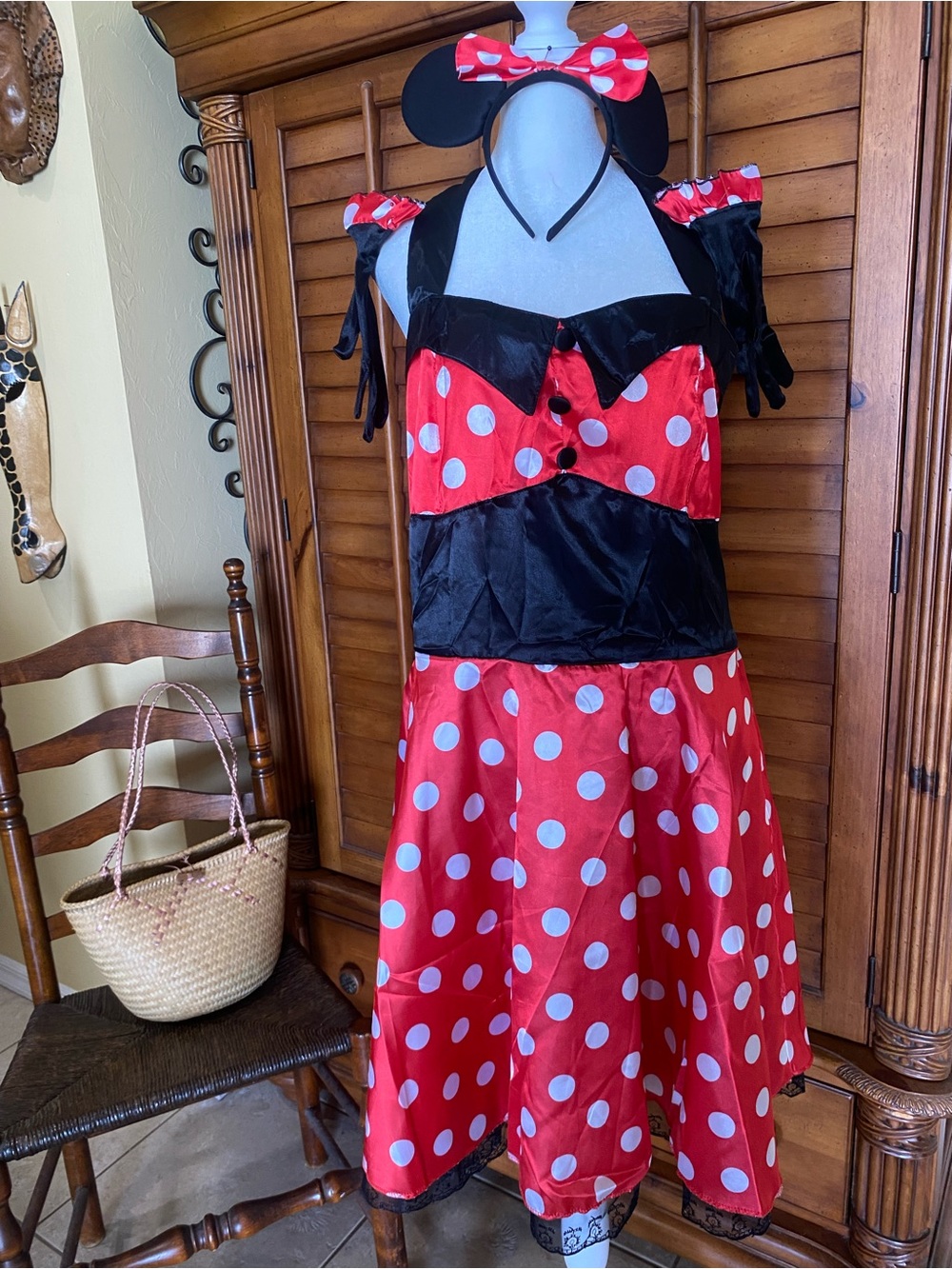 Disney Red and Black Polka Dot Costume with Headband and Gloves Large